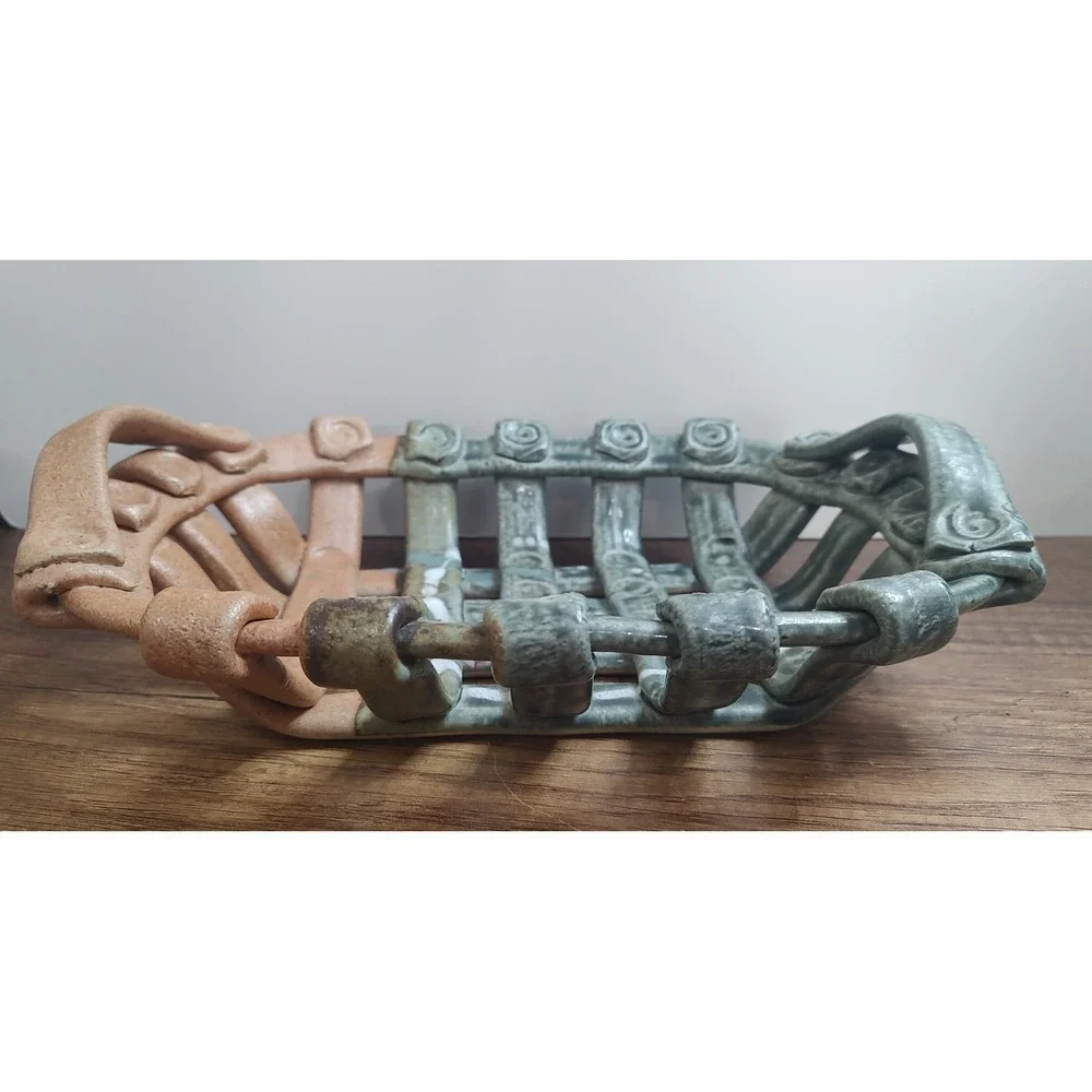Ceramic Pottery Open Weave Lattice Basket 12x9
